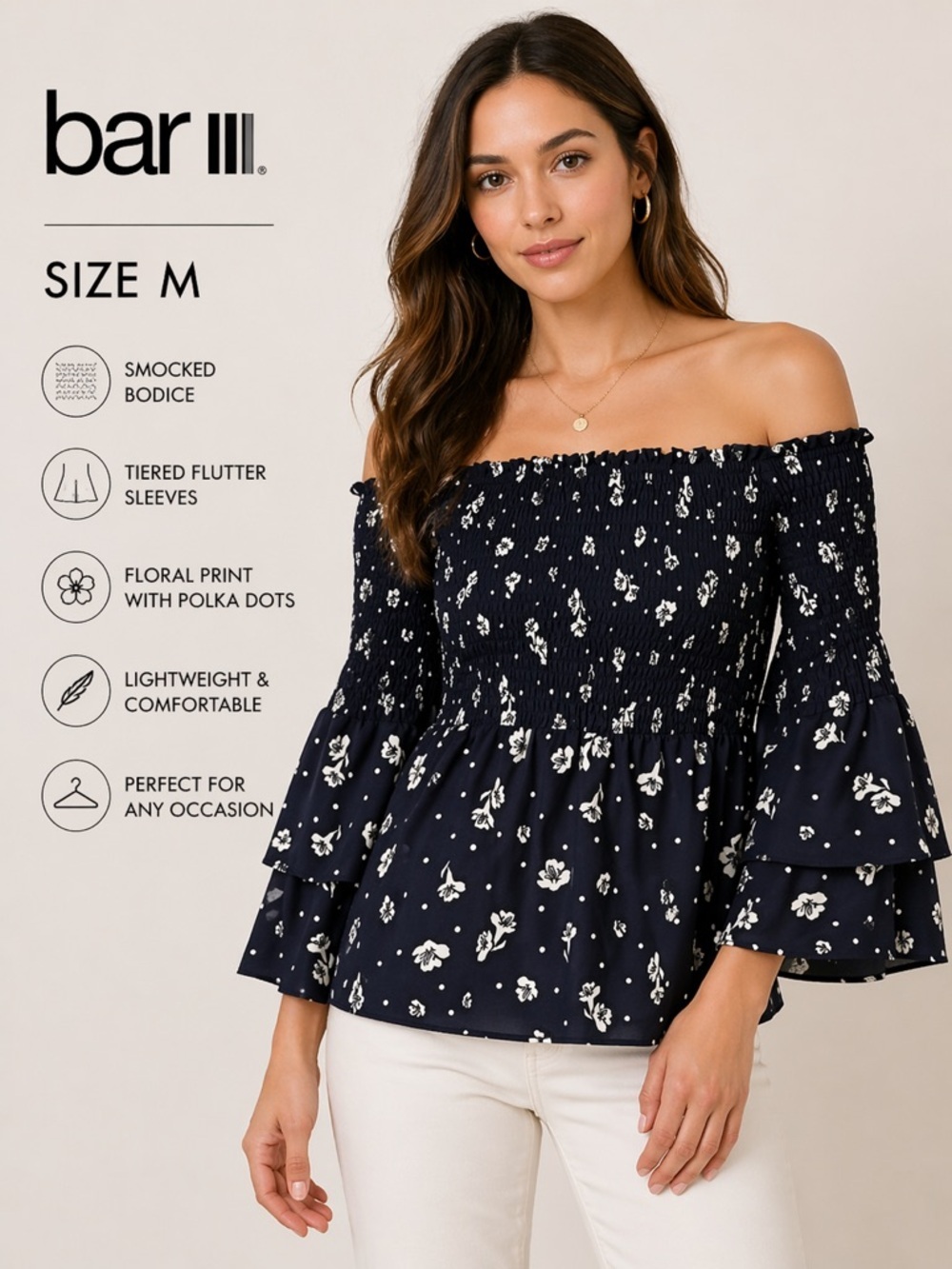 BAR III women of shoulder Cottagecore blue -white floral top/ size M